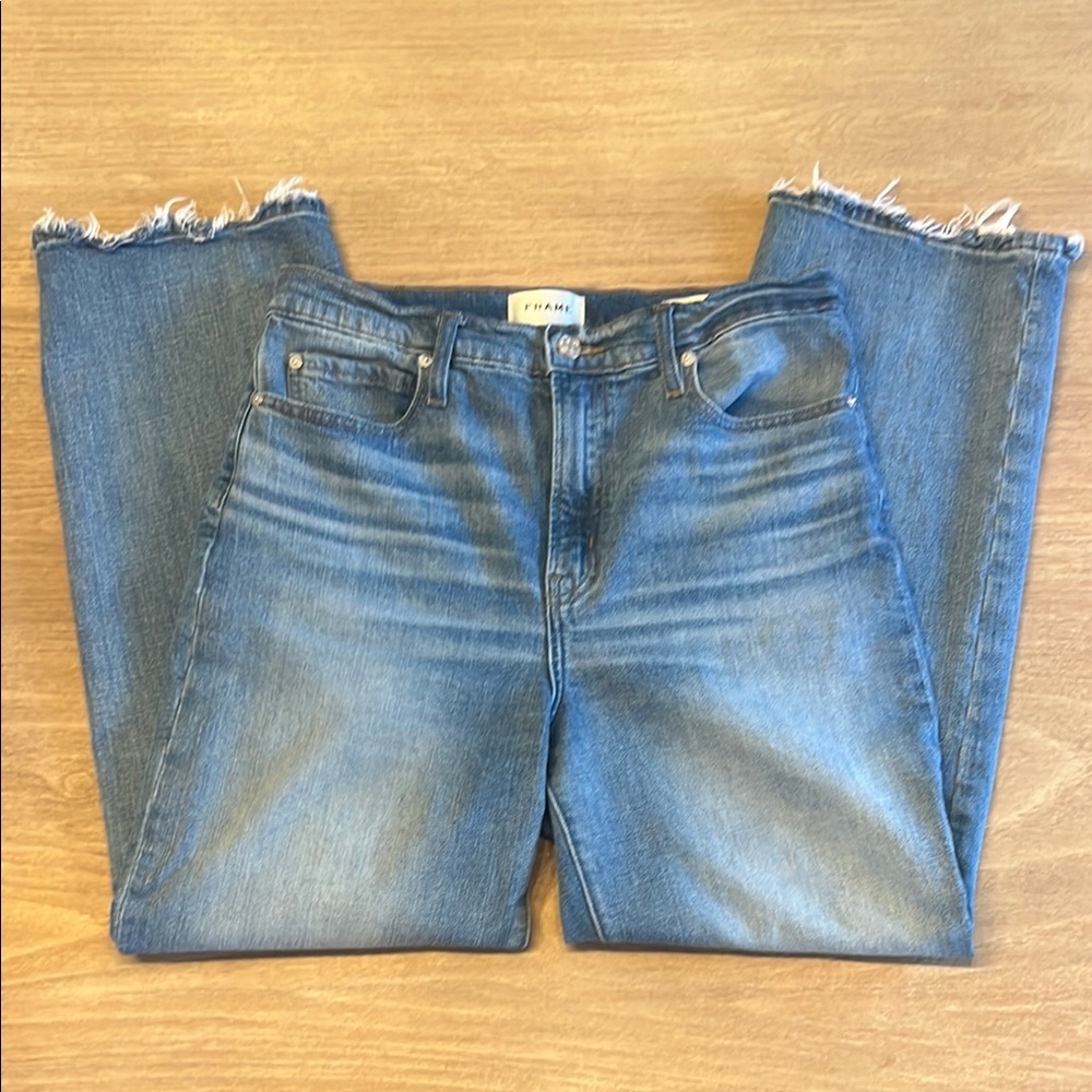 Frame High Waisted Cropped Ankle Jeans with Frayed Hem Size 28